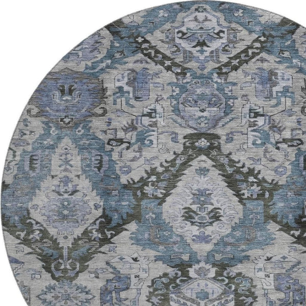 HomeRoots 8' X 10' Gray and Blue Ikat Area Rug - Washable, UV Protected, Durable for High-Traffic Homes 708173