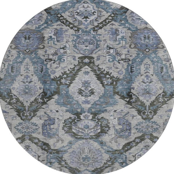 HomeRoots 8' X 10' Gray and Blue Ikat Area Rug - Washable, UV Protected, Durable for High-Traffic Homes 708173