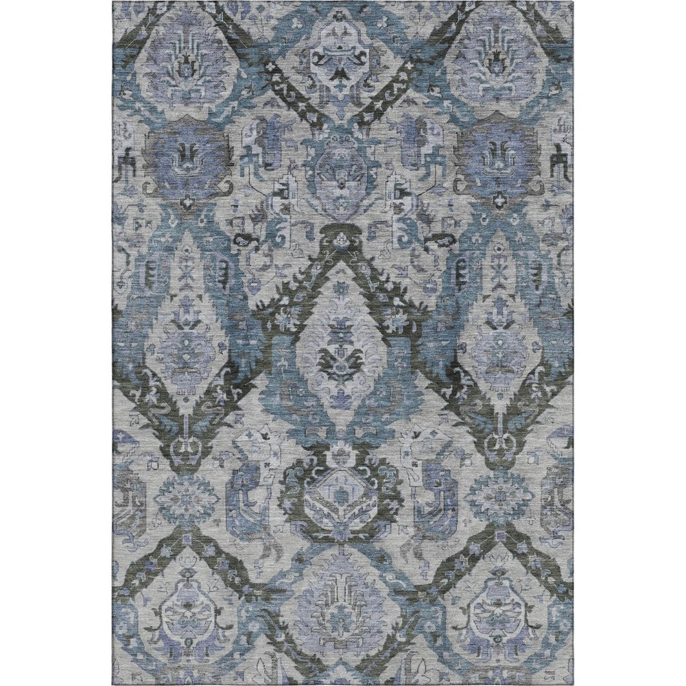 HomeRoots 9' X 12' Stylish Gray and Blue Ikat Washable Area Rug with UV Protection for Modern Spaces 708174