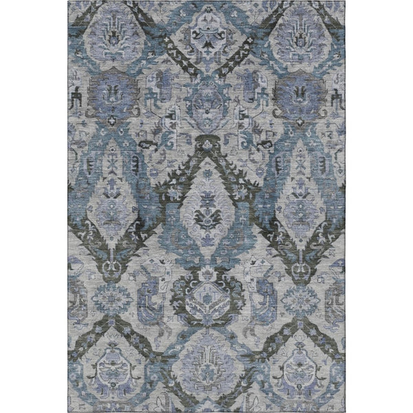 HomeRoots 9' X 12' Stylish Gray and Blue Ikat Washable Area Rug with UV Protection for Modern Spaces 708174