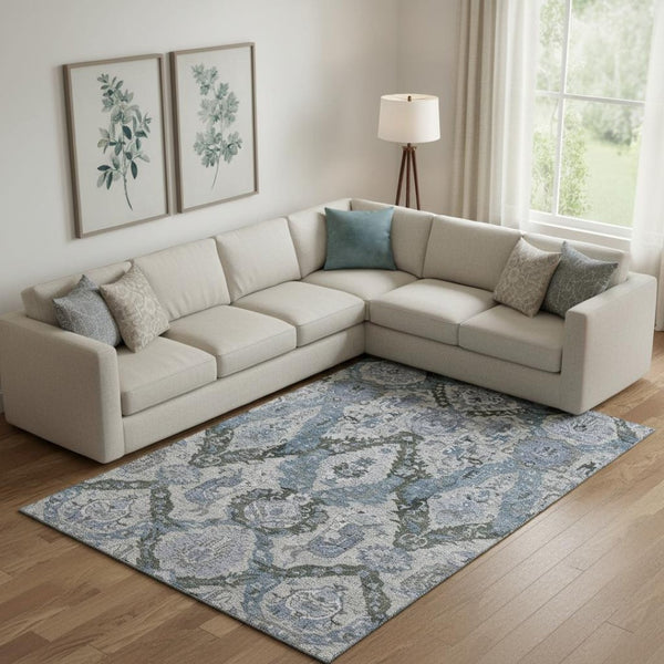 HomeRoots 10' X 14' Ikat Washable Area Rug - Gray & Blue, UV Protected, Stain-Resistant, Durable for High-Traffic Areas 708175