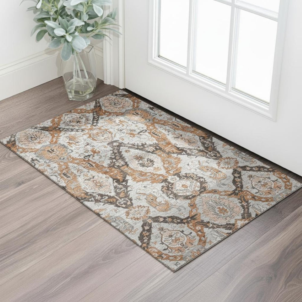 HomeRoots 5' X 8' Washable Ikat Area Rug in Rust, Charcoal & Beige - UV Protection, Stain-Resistant, Modern Design 708177