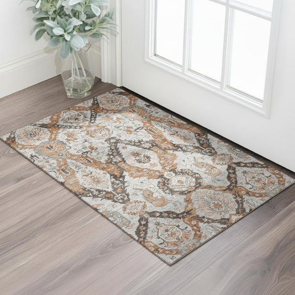 HomeRoots 5' X 8' Washable Ikat Area Rug in Rust, Charcoal & Beige - UV Protection, Stain-Resistant, Modern Design 708177