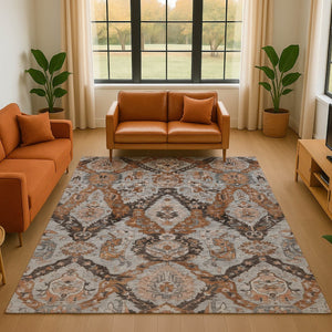 HomeRoots 5' X 8' Washable Ikat Area Rug in Rust, Charcoal & Beige - UV Protection, Stain-Resistant, Modern Design 708177