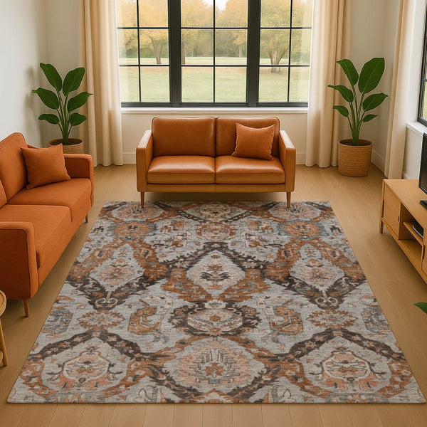 HomeRoots 5' X 8' Washable Ikat Area Rug in Rust, Charcoal & Beige - UV Protection, Stain-Resistant, Modern Design 708177