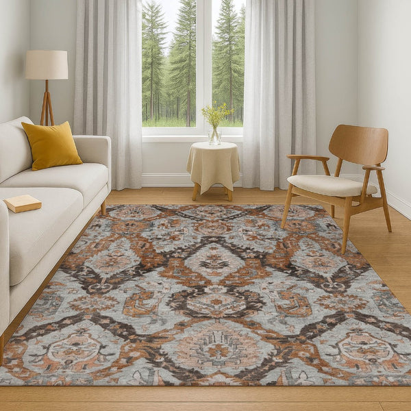 HomeRoots 5' X 8' Washable Ikat Area Rug in Rust, Charcoal & Beige - UV Protection, Stain-Resistant, Modern Design 708177