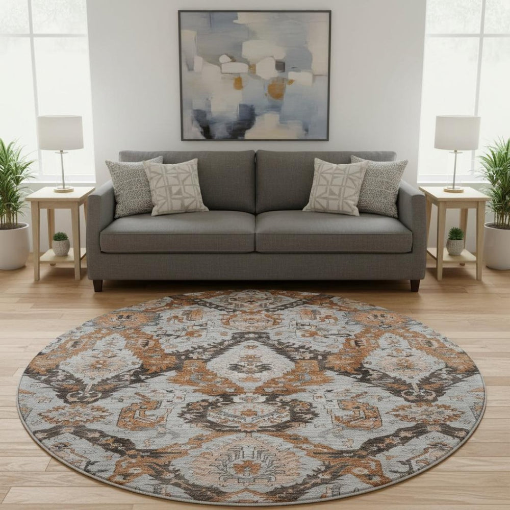 HomeRoots 8' X 10' Ikat Washable Area Rug in Rust, Charcoal & Beige – Durable, UV Protected & Stylish Design 708179