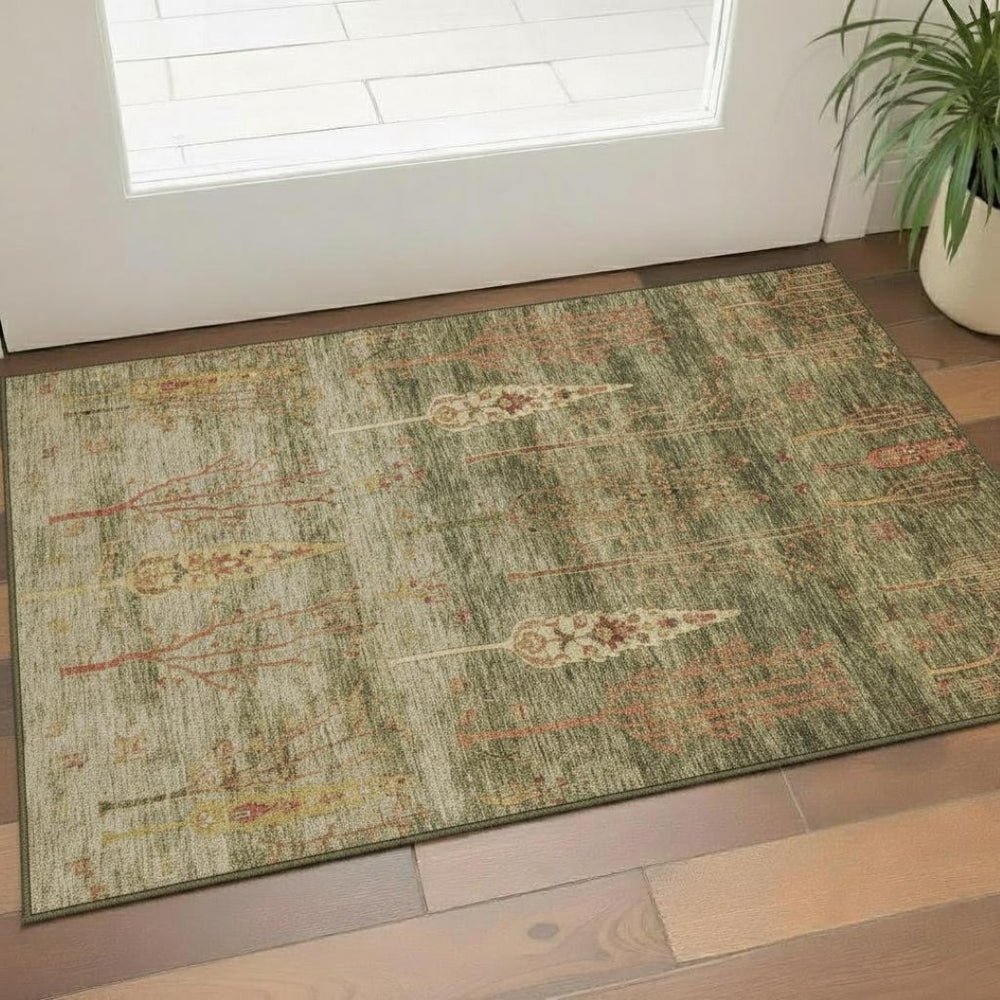 HomeRoots 5' X 8' Washable Artichoke Green & Rust Floral Area Rug with UV Protection for Kids & Pets 708183