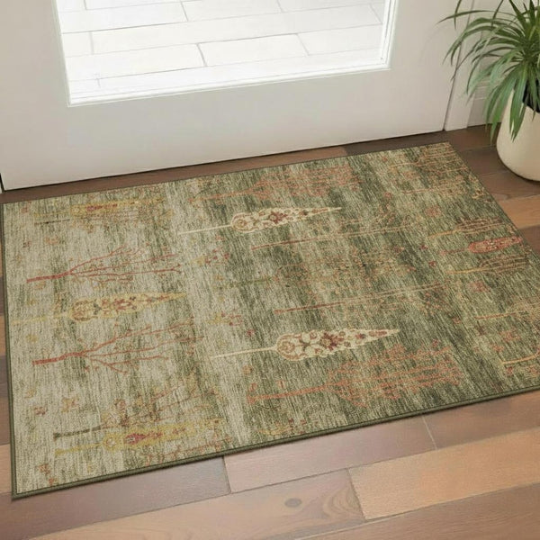 HomeRoots 5' X 8' Washable Artichoke Green & Rust Floral Area Rug with UV Protection for Kids & Pets 708183