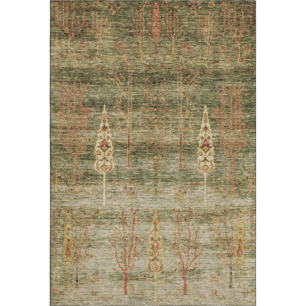 HomeRoots 5' X 8' Washable Artichoke Green & Rust Floral Area Rug with UV Protection for Kids & Pets 708183