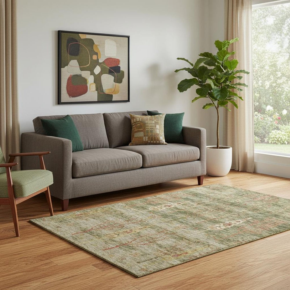 HomeRoots 8' Artichoke Green & Rust Floral Washable Round Rug - Durable, UV-Protected, Perfect for Homes! 708184