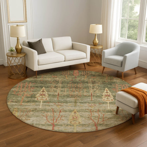 HomeRoots 8' X 10' Artichoke Green & Rust Floral Area Rug - Washable, Stain-Resistant, UV Protected, Non-Slip! 708185