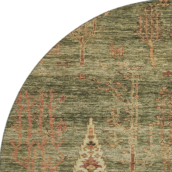 HomeRoots 8' X 10' Artichoke Green & Rust Floral Area Rug - Washable, Stain-Resistant, UV Protected, Non-Slip! 708185
