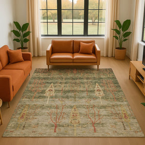 HomeRoots 10' X 14' Washable Floral Area Rug in Artichoke Green & Rust - Durable, UV-Protected, Non-Slip Design 708187