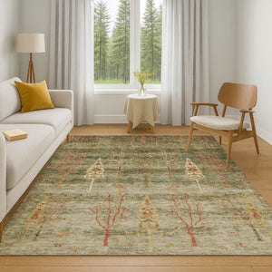 HomeRoots 10' X 14' Washable Floral Area Rug in Artichoke Green & Rust - Durable, UV-Protected, Non-Slip Design 708187