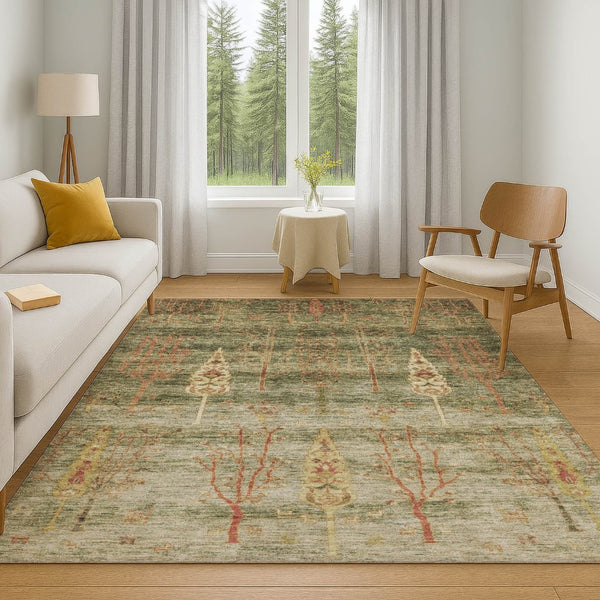HomeRoots 10' X 14' Washable Floral Area Rug in Artichoke Green & Rust - Durable, UV-Protected, Non-Slip Design 708187