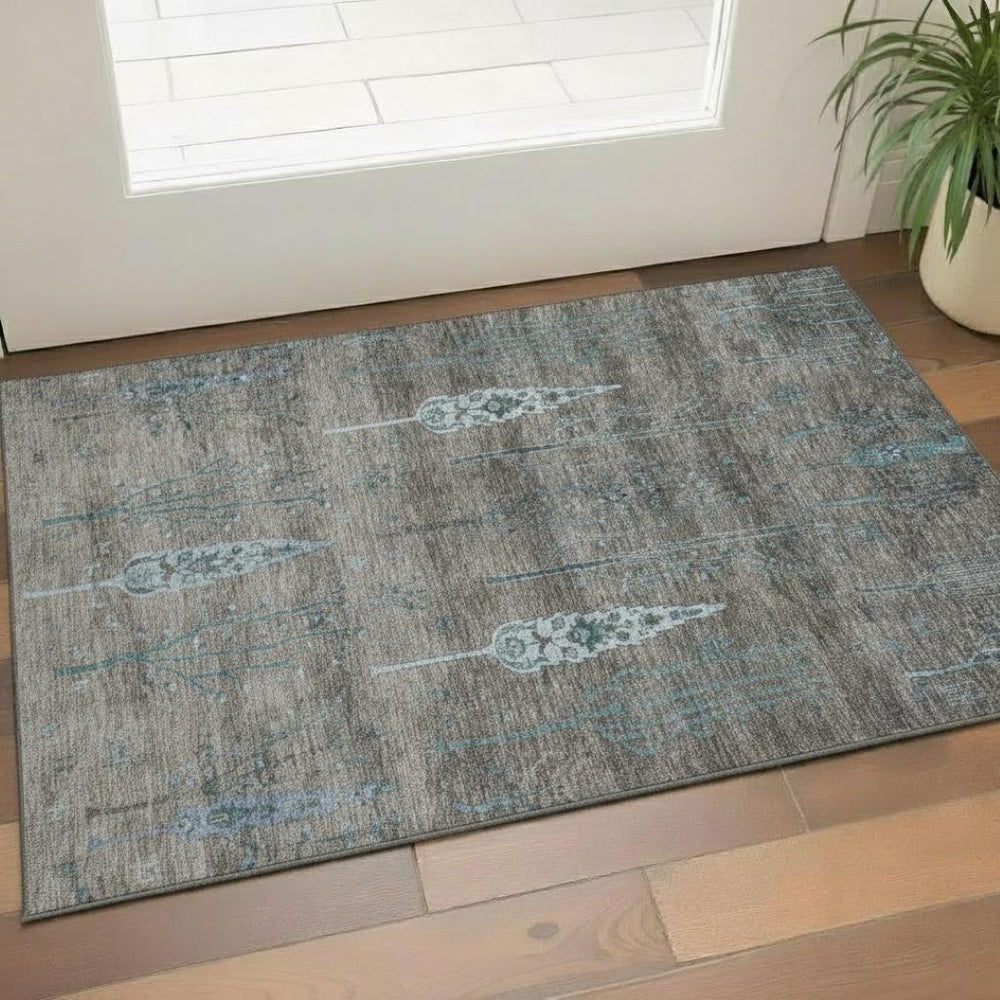 HomeRoots 5' X 8' Brown and Blue Floral Area Rug - Washable, Stain Resistant, UV Protected for Everyday Living 708189