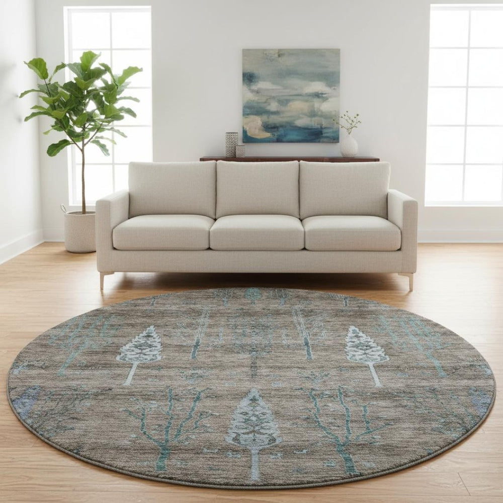 HomeRoots 8' X 10' Brown And Blue Floral Area Rug - Washable, UV Protected, Durable Design for Homes with Kids 708191