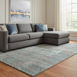 HomeRoots 9' X 12' Brown and Blue Floral Area Rug - Washable, UV Protected, Stain Resistant for Busy Homes! 708192