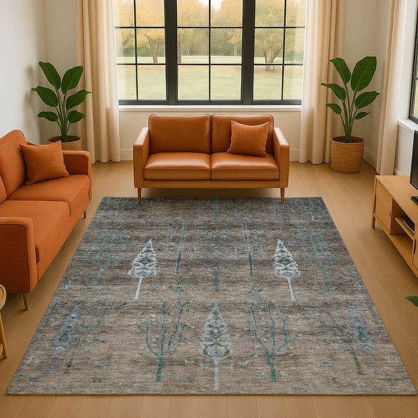 HomeRoots 9' X 12' Brown and Blue Floral Area Rug - Washable, UV Protected, Stain Resistant for Busy Homes! 708192