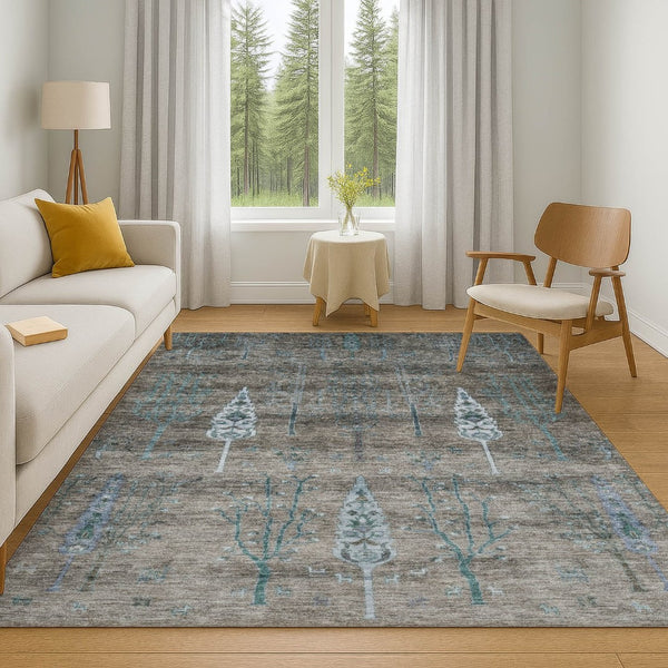 HomeRoots 9' X 12' Brown and Blue Floral Area Rug - Washable, UV Protected, Stain Resistant for Busy Homes! 708192