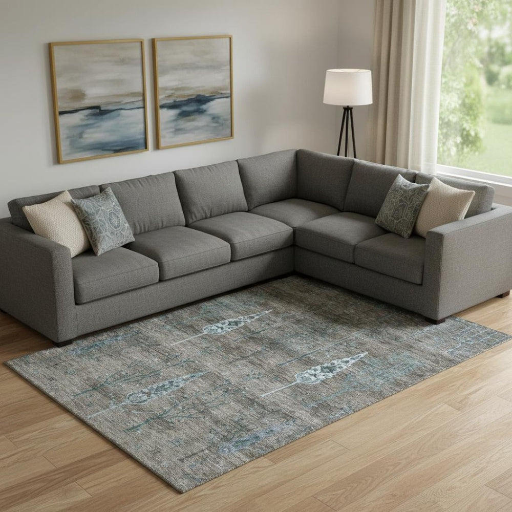 HomeRoots 10' X 14' Brown And Blue Floral Washable Area Rug - UV Protected, Stain-Resistant, Durable Design 708193