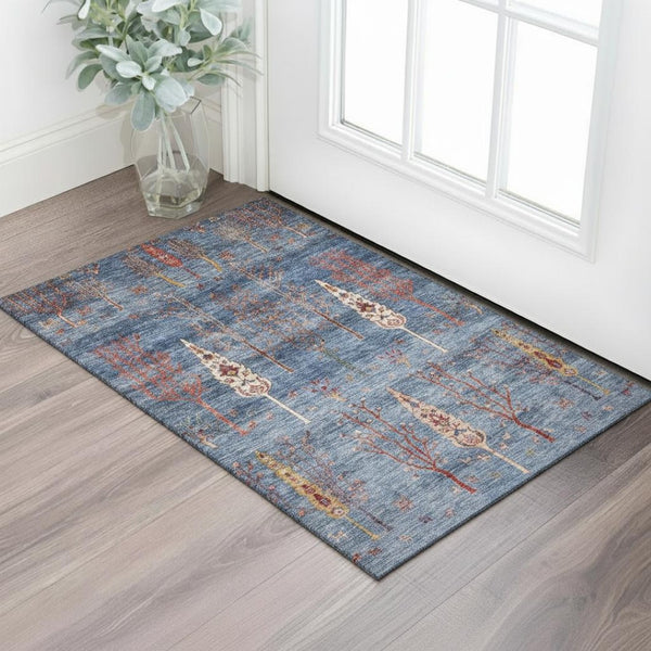 HomeRoots 5' X 8' Floral Washable Area Rug in Blue & Rust - Stain Resistant, UV Protected, Non-Slip Backing 708195