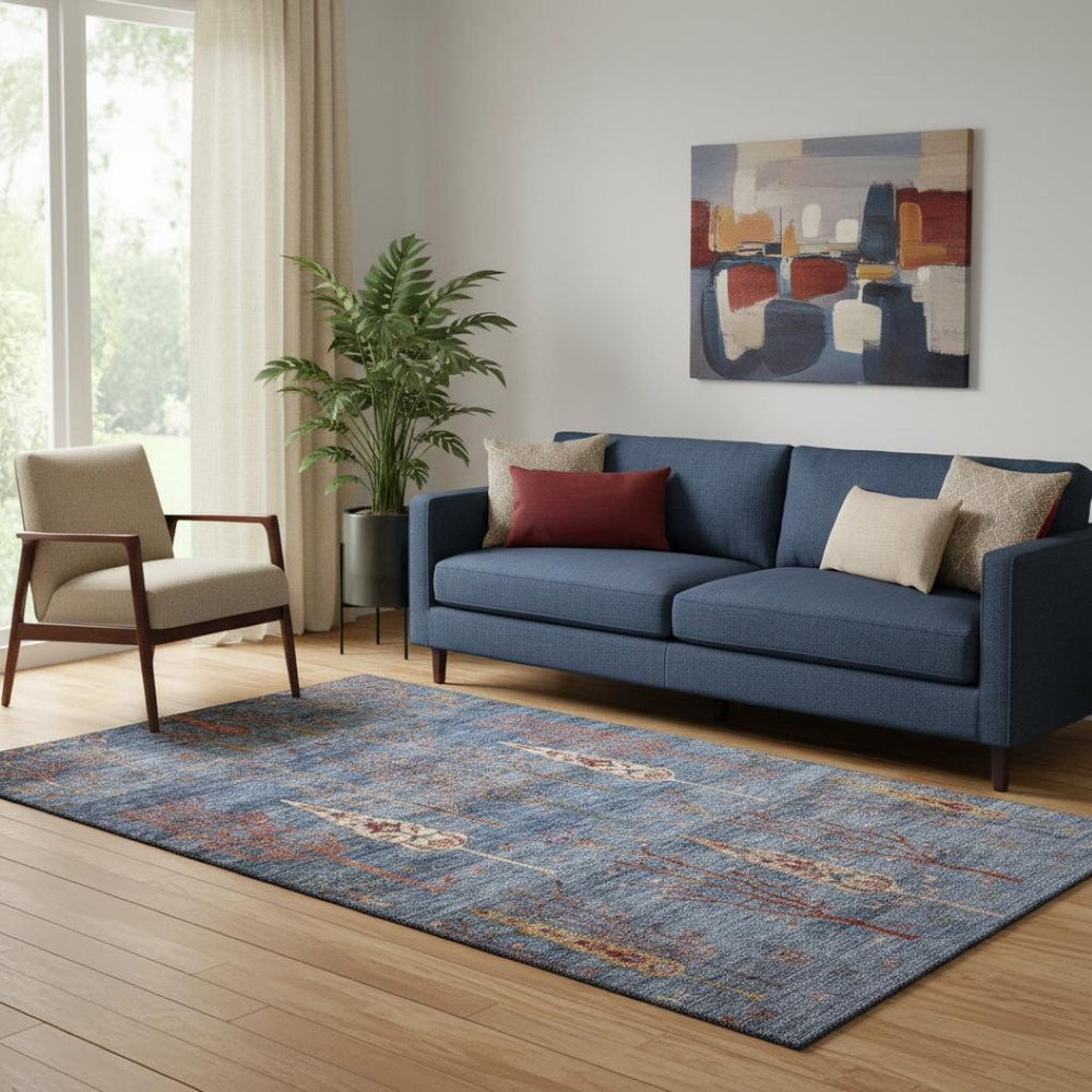HomeRoots 8' Blue and Rust Floral Washable Round Rug - Durable, UV-Protected, Non-Slip for Homes with Kids & Pets 708196