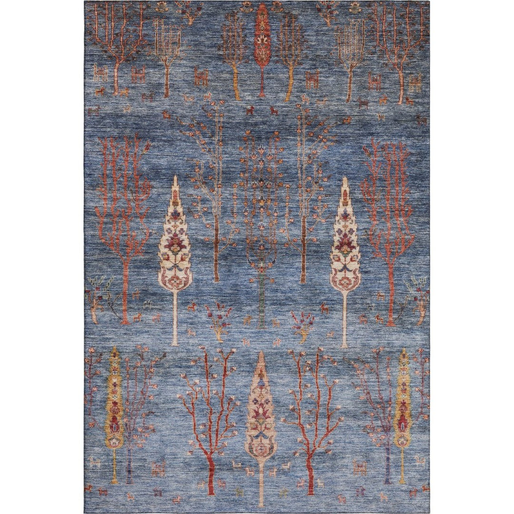 HomeRoots 8' Blue and Rust Floral Washable Round Rug - Durable, UV-Protected, Non-Slip for Homes with Kids & Pets 708196