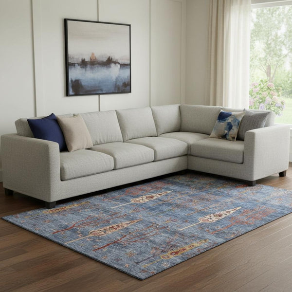 HomeRoots 9' X 12' Blue and Rust Floral Area Rug - Washable, UV-Protected, Stain-Resistant for High-Traffic Homes 708198