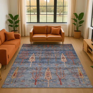 HomeRoots 9' X 12' Blue and Rust Floral Area Rug - Washable, UV-Protected, Stain-Resistant for High-Traffic Homes 708198
