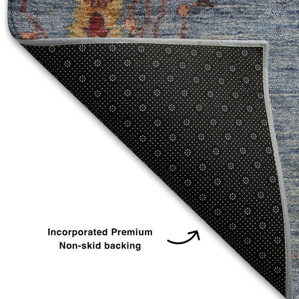 HomeRoots 9' X 12' Blue and Rust Floral Area Rug - Washable, UV-Protected, Stain-Resistant for High-Traffic Homes 708198