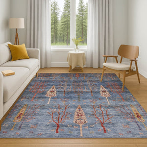 HomeRoots 9' X 12' Blue and Rust Floral Area Rug - Washable, UV-Protected, Stain-Resistant for High-Traffic Homes 708198