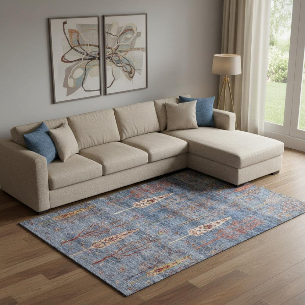 HomeRoots 10' X 14' Blue And Rust Floral Area Rug – Washable, UV-Protected, Non-Slip Backing for Families & Pets 708199
