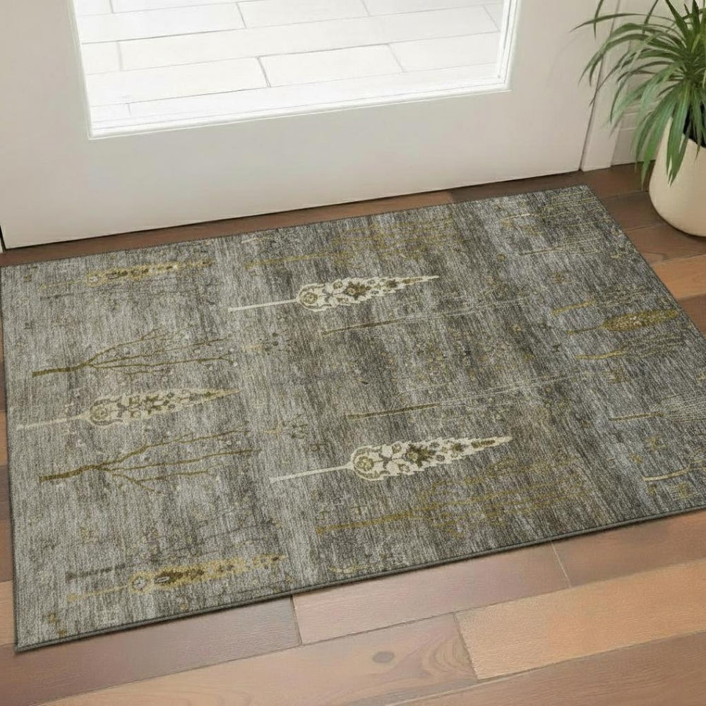 HomeRoots 5' X 8' Pewter & Gold Floral Washable Area Rug with UV Protection – Elegant, Durable, Easy-Care Design! 708201