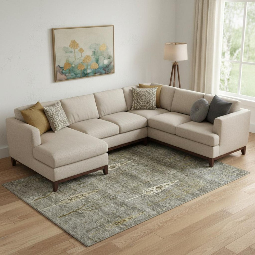 HomeRoots 10' X 14' Washable Pewter & Gold Floral Area Rug with UV Protection – Stylish, Durable, & Low-Maintenance 708205