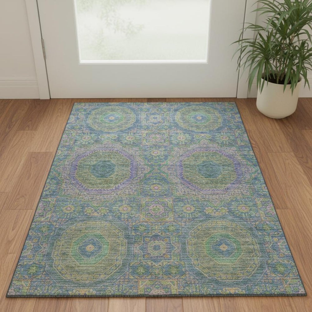 HomeRoots 5' X 8' Vibrant Medallion Area Rug in Blue, Purple & Green – Washable, Stain-Resistant & UV Protected! 708207