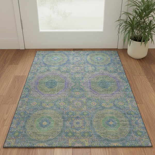 HomeRoots 5' X 8' Vibrant Medallion Area Rug in Blue, Purple & Green – Washable, Stain-Resistant & UV Protected! 708207