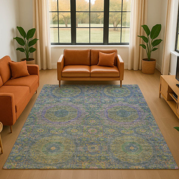 HomeRoots 5' X 8' Vibrant Medallion Area Rug in Blue, Purple & Green – Washable, Stain-Resistant & UV Protected! 708207