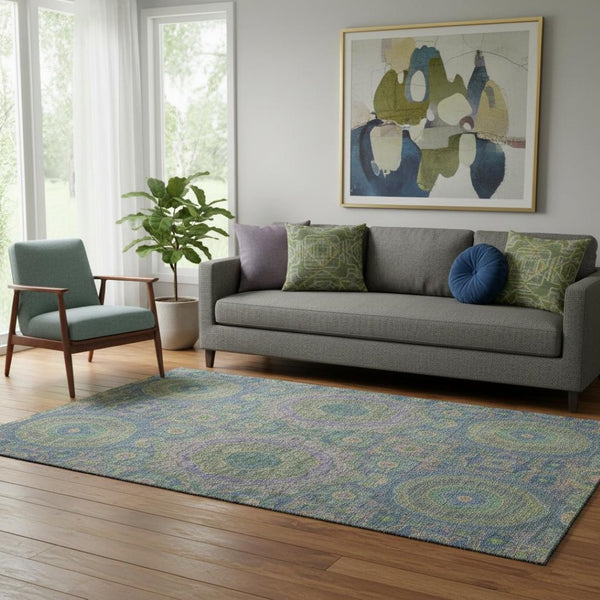 HomeRoots 8' Vibrant Blue, Purple & Green Medallion Washable Round Rug with UV Protection & Non-Slip Backing 708208