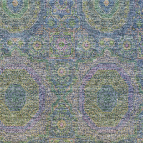 HomeRoots 8' Vibrant Blue, Purple & Green Medallion Washable Round Rug with UV Protection & Non-Slip Backing 708208