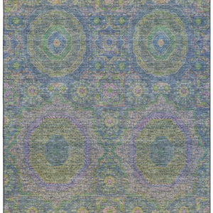HomeRoots 8' Vibrant Blue, Purple & Green Medallion Washable Round Rug with UV Protection & Non-Slip Backing 708208