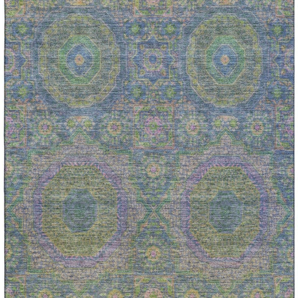 HomeRoots 8' Vibrant Blue, Purple & Green Medallion Washable Round Rug with UV Protection & Non-Slip Backing 708208