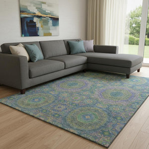 HomeRoots 9' Medallion Washable Area Rug in Blue, Purple & Green - UV Protected, Durable, Stain Resistant! 708210