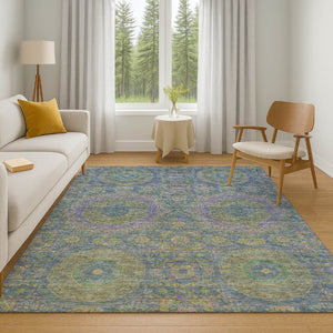 HomeRoots 9' Medallion Washable Area Rug in Blue, Purple & Green - UV Protected, Durable, Stain Resistant! 708210