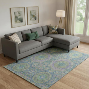 HomeRoots 10' Washable Area Rug in Vibrant Blue, Purple & Green Medallion - UV Protected, Easy Care, Non-Slip 708211
