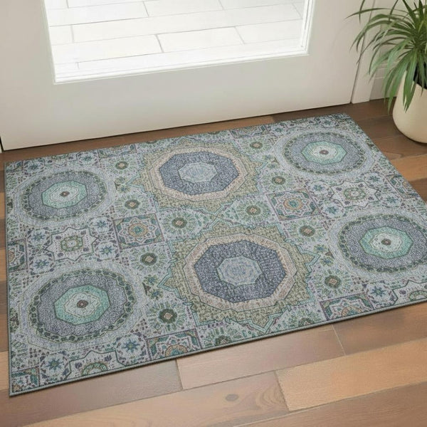 HomeRoots 5' X 8' Washable Medallion Area Rug in Green, Blue & Gray - UV Protected, Stain-Resistant Design! 708213