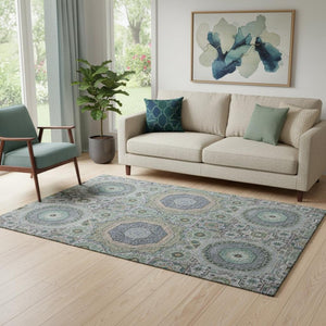 HomeRoots 8' Stylish Green Blue Gray Medallion Washable Round Rug – UV Protected, Durable, Non-Slip Design! 708214