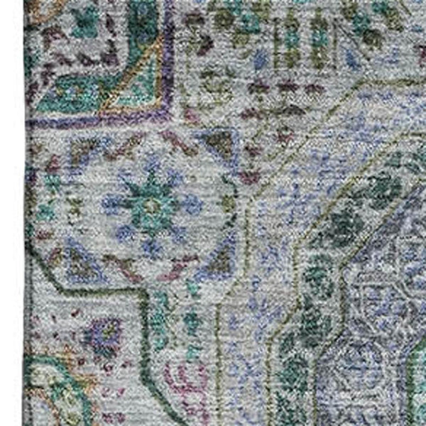 HomeRoots 8' Stylish Green Blue Gray Medallion Washable Round Rug – UV Protected, Durable, Non-Slip Design! 708214