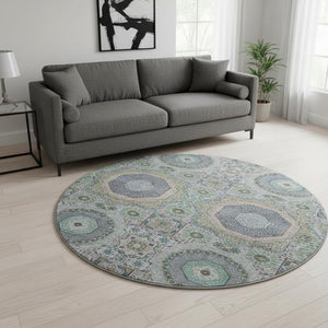 HomeRoots 8' X 10' Medallion Area Rug - Green, Blue & Gray, Washable, UV Protected, Ideal for Kids & Pets 708215